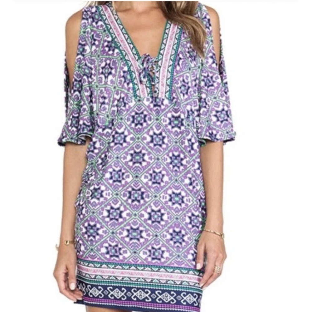 Nanette Lepore Geometric Cold Shoulder V Neck Tunic Blouse Purple S Coverup Swim